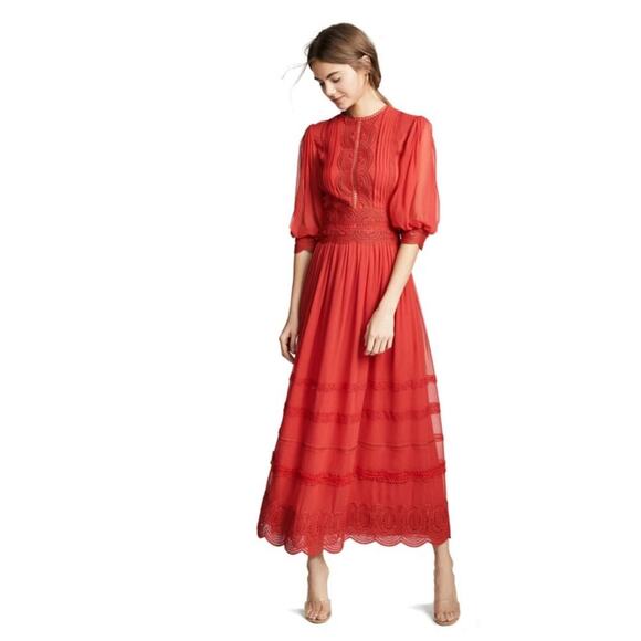 COSTARELLOS Red Scalloped Lace-Trim Maxi Dress Silk Gown Embroidered 36 4 S - Picture 2 of 10
